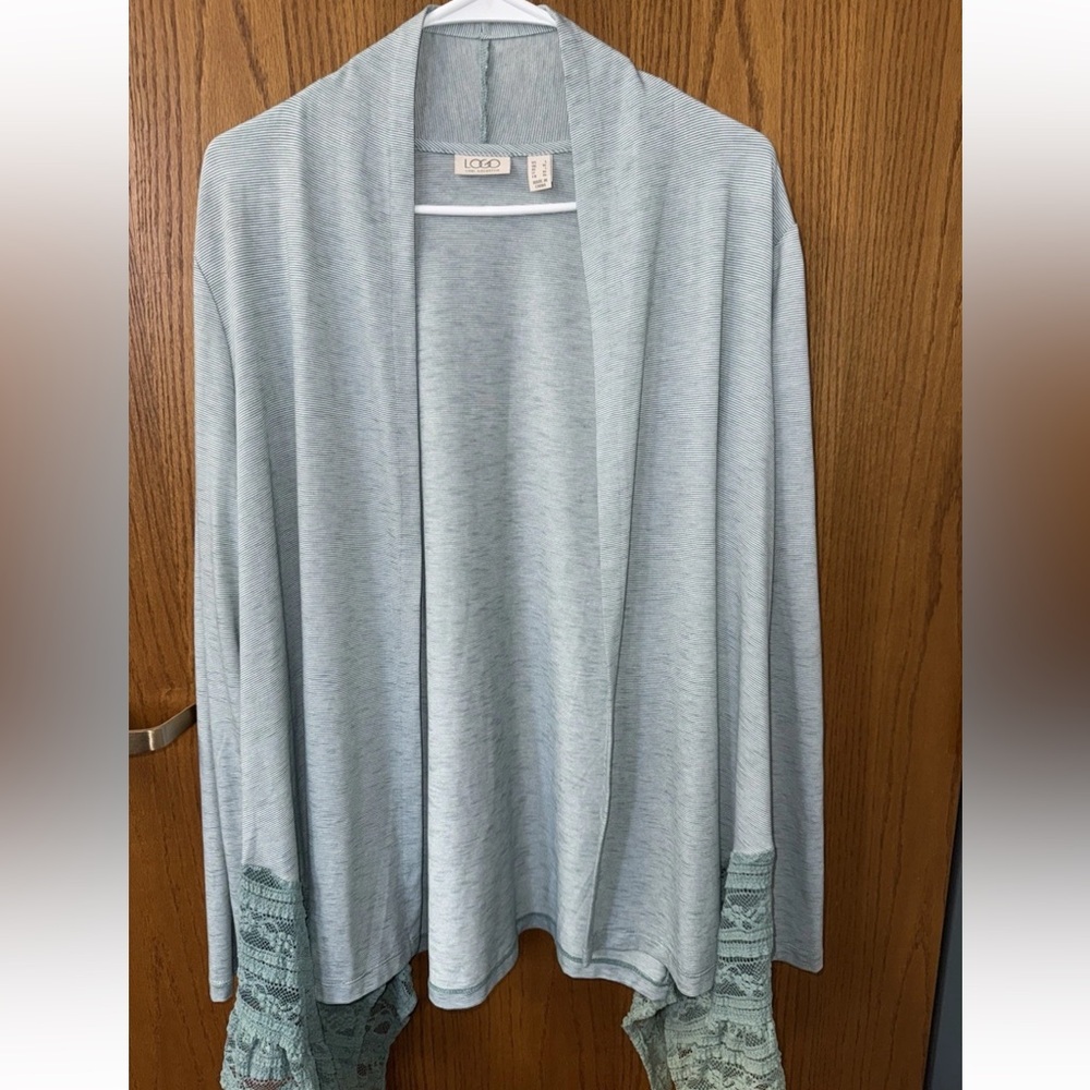 LOGO by Lori Goldstein Soft Blue Open Cardigan Lace Detail Long Sleeve Cozy L